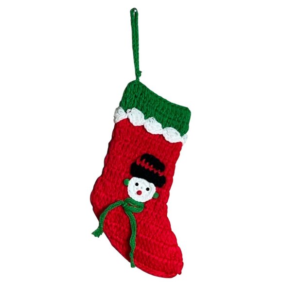 Vtg Small Crochet Christmas Stocking 10" Handmade Holiday Decor Cozy Cottage - Picture 1 of 4
